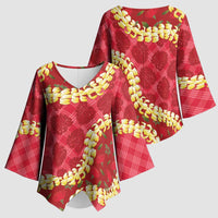 Red Palaka Hawaii Mele Kalikimaka Kimono Sleeve Blouse Ohia Lehua Monstera Puakenikeni Lei LT14 - Polynesian Pride