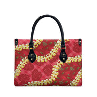 Red Palaka Hawaii Mele Kalikimaka Leather Bag Ohia Lehua Monstera Puakenikeni Lei LT14 - Polynesian Pride