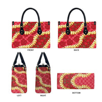 Red Palaka Hawaii Mele Kalikimaka Leather Bag Ohia Lehua Monstera Puakenikeni Lei LT14 - Polynesian Pride