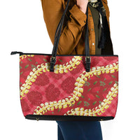 Red Palaka Hawaii Mele Kalikimaka Leather Tote Bag Ohia Lehua Monstera Puakenikeni Lei LT14 - Polynesian Pride