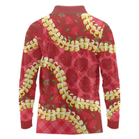 Red Palaka Hawaii Mele Kalikimaka Long Sleeve Polo Shirt Ohia Lehua Monstera Puakenikeni Lei LT14 - Polynesian Pride