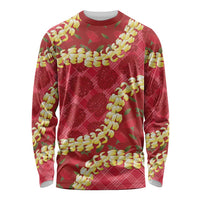 Red Palaka Hawaii Mele Kalikimaka Long Sleeve Shirt Ohia Lehua Monstera Puakenikeni Lei LT14 Unisex Red - Polynesian Pride