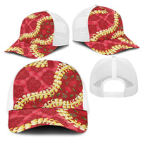 Red Palaka Hawaii Mele Kalikimaka Mesh Trucker Cap Ohia Lehua Monstera Puakenikeni Lei LT14 - Polynesian Pride