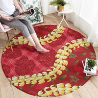 Red Palaka Hawaii Mele Kalikimaka Round Carpet Ohia Lehua Monstera Puakenikeni Lei LT14 - Polynesian Pride