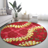 Red Palaka Hawaii Mele Kalikimaka Round Carpet Ohia Lehua Monstera Puakenikeni Lei LT14 - Polynesian Pride