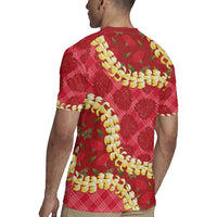 Red Palaka Hawaii Mele Kalikimaka Rugby Jersey Ohia Lehua Monstera Puakenikeni Lei LT14 - Polynesian Pride