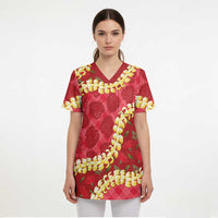 Red Palaka Hawaii Mele Kalikimaka Scrub Top Ohia Lehua Monstera Puakenikeni Lei LT14 - Polynesian Pride