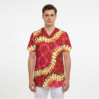 Red Palaka Hawaii Mele Kalikimaka Scrub Top Ohia Lehua Monstera Puakenikeni Lei LT14 - Polynesian Pride
