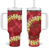 Red Palaka Hawaii Mele Kalikimaka Tumbler With Handle Ohia Lehua Monstera Puakenikeni Lei LT14 One Size: 40 oz Red - Polynesian Pride