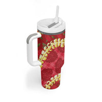 Red Palaka Hawaii Mele Kalikimaka Tumbler With Handle Ohia Lehua Monstera Puakenikeni Lei LT14 - Polynesian Pride