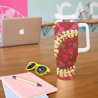 Red Palaka Hawaii Mele Kalikimaka Tumbler With Handle Ohia Lehua Monstera Puakenikeni Lei LT14 - Polynesian Pride