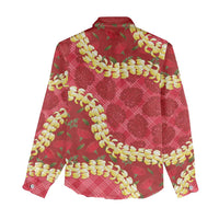 Red Palaka Hawaii Mele Kalikimaka Women Casual Shirt Ohia Lehua Monstera Puakenikeni Lei - Polynesian Pride