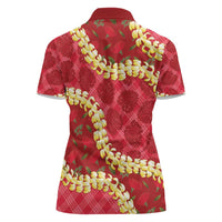 Red Palaka Hawaii Mele Kalikimaka Women Polo Shirt Ohia Lehua Monstera Puakenikeni Lei - Polynesian Pride