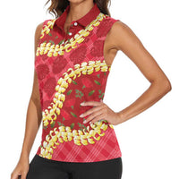 Red Palaka Hawaii Mele Kalikimaka Women Sleeveless Polo Shirt Ohia Lehua Monstera Puakenikeni Lei LT14 - Polynesian Pride