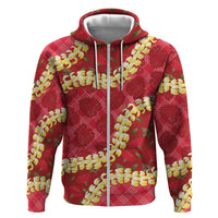 Red Palaka Hawaii Mele Kalikimaka Zip Hoodie Ohia Lehua Monstera Puakenikeni Lei LT14 Zip Hoodie Red - Polynesian Pride