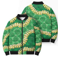 Green Palaka Hawaii Mele Kalikimaka Bomber Puffer Jacket Ohia Lehua Monstera Puakenikeni Lei LT14 - Polynesian Pride