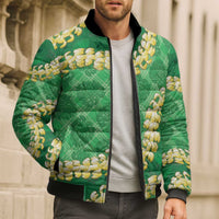 Green Palaka Hawaii Mele Kalikimaka Bomber Puffer Jacket Ohia Lehua Monstera Puakenikeni Lei LT14 - Polynesian Pride
