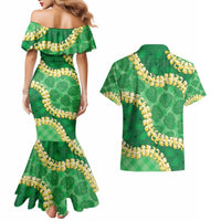Green Palaka Hawaii Mele Kalikimaka Couples Matching Mermaid Dress and Hawaiian Shirt Ohia Lehua Monstera Puakenikeni Lei LT14 - Polynesian Pride