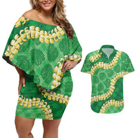 Green Palaka Hawaii Mele Kalikimaka Couples Matching Off Shoulder Short Dress and Hawaiian Shirt Ohia Lehua Monstera Puakenikeni Lei LT14 Green - Polynesian Pride