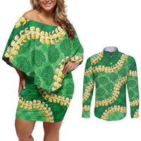 Green Palaka Hawaii Mele Kalikimaka Couples Matching Off Shoulder Short Dress and Long Sleeve Button Shirt Ohia Lehua Monstera Puakenikeni Lei LT14 Green - Polynesian Pride