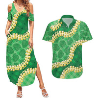 Green Palaka Hawaii Mele Kalikimaka Couples Matching Summer Maxi Dress and Hawaiian Shirt Ohia Lehua Monstera Puakenikeni Lei LT14 Green - Polynesian Pride