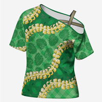 Green Palaka Hawaii Mele Kalikimaka Cross Shoulder Shirt Ohia Lehua Monstera Puakenikeni Lei LT14 Female Green - Polynesian Pride