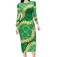 Green Palaka Hawaii Mele Kalikimaka Family Matching Long Sleeve Bodycon Dress and Hawaiian Shirt Ohia Lehua Monstera Puakenikeni Lei LT14 Mom's Dress Green - Polynesian Pride