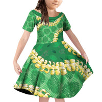 Green Palaka Hawaii Mele Kalikimaka Family Matching Off Shoulder Short Dress and Hawaiian Shirt Ohia Lehua Monstera Puakenikeni Lei LT14 Daughter's Dress Green - Polynesian Pride