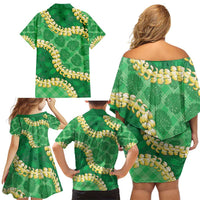 Green Palaka Hawaii Mele Kalikimaka Family Matching Off Shoulder Short Dress and Hawaiian Shirt Ohia Lehua Monstera Puakenikeni Lei LT14 - Polynesian Pride