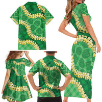 Green Palaka Hawaii Mele Kalikimaka Family Matching Short Sleeve Bodycon Dress and Hawaiian Shirt Ohia Lehua Monstera Puakenikeni Lei LT14 - Polynesian Pride