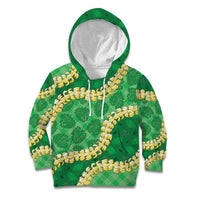 Green Palaka Hawaii Mele Kalikimaka Kid Hoodie Ohia Lehua Monstera Puakenikeni Lei - Polynesian Pride