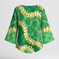 Green Palaka Hawaii Mele Kalikimaka Kimono Sleeve Blouse Ohia Lehua Monstera Puakenikeni Lei LT14 - Polynesian Pride