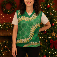 Green Palaka Hawaii Mele Kalikimaka Christmas Knitted V-Neck Vest Ohia Lehua Monstera Puakenikeni Lei LT14 - Polynesian Pride