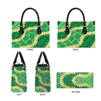 Green Palaka Hawaii Mele Kalikimaka Leather Bag Ohia Lehua Monstera Puakenikeni Lei LT14 - Polynesian Pride