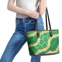 Green Palaka Hawaii Mele Kalikimaka Leather Tote Bag Ohia Lehua Monstera Puakenikeni Lei LT14 - Polynesian Pride