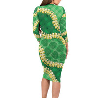 Green Palaka Hawaii Mele Kalikimaka Long Sleeve Bodycon Dress Ohia Lehua Monstera Puakenikeni Lei LT14 - Polynesian Pride