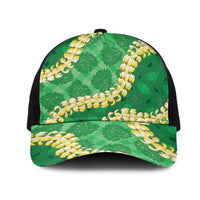 Green Palaka Hawaii Mele Kalikimaka Mesh Trucker Cap Ohia Lehua Monstera Puakenikeni Lei LT14 One Size Black Green - Polynesian Pride