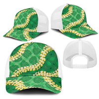 Green Palaka Hawaii Mele Kalikimaka Mesh Trucker Cap Ohia Lehua Monstera Puakenikeni Lei LT14 - Polynesian Pride