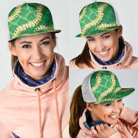 Green Palaka Hawaii Mele Kalikimaka Mesh Trucker Cap Ohia Lehua Monstera Puakenikeni Lei LT14 - Polynesian Pride