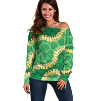 Green Palaka Hawaii Mele Kalikimaka Off Shoulder Sweater Ohia Lehua Monstera Puakenikeni Lei LT14 Women Green - Polynesian Pride