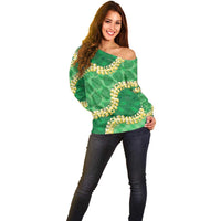 Green Palaka Hawaii Mele Kalikimaka Off Shoulder Sweater Ohia Lehua Monstera Puakenikeni Lei LT14 - Polynesian Pride