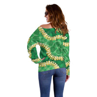 Green Palaka Hawaii Mele Kalikimaka Off Shoulder Sweater Ohia Lehua Monstera Puakenikeni Lei LT14 - Polynesian Pride