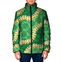 Green Palaka Hawaii Mele Kalikimaka Padded Jacket Ohia Lehua Monstera Puakenikeni Lei LT14 Men Green - Polynesian Pride