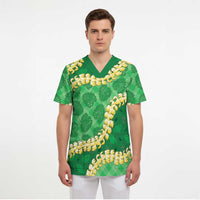 Green Palaka Hawaii Mele Kalikimaka Scrub Top Ohia Lehua Monstera Puakenikeni Lei LT14 - Polynesian Pride