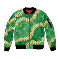 Green Palaka Hawaii Mele Kalikimaka Sleeve Zip Bomber Jacket Ohia Lehua Monstera Puakenikeni Lei LT14 Unisex Green - Polynesian Pride