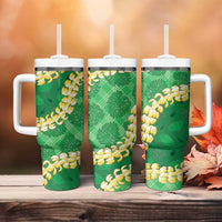Green Palaka Hawaii Mele Kalikimaka Tumbler With Handle Ohia Lehua Monstera Puakenikeni Lei LT14 - Polynesian Pride