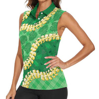 Green Palaka Hawaii Mele Kalikimaka Women Sleeveless Polo Shirt Ohia Lehua Monstera Puakenikeni Lei LT14 - Polynesian Pride
