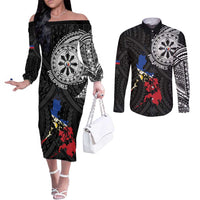 Philippines Strong Couples Matching Off The Shoulder Long Sleeve Dress and Long Sleeve Button Shirt Filipino Map Polynesian Tattoo LT14 Black - Polynesian Pride