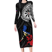 Philippines Strong Family Matching Long Sleeve Bodycon Dress and Hawaiian Shirt Filipino Map Polynesian Tattoo LT14 Mom's Dress Black - Polynesian Pride