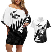 New Zealand Lawn Bowls Custom Couples Matching Off Shoulder Short Dress and Hawaiian Shirt Aotearoa Silver Fern LT14 Black - Polynesian Pride